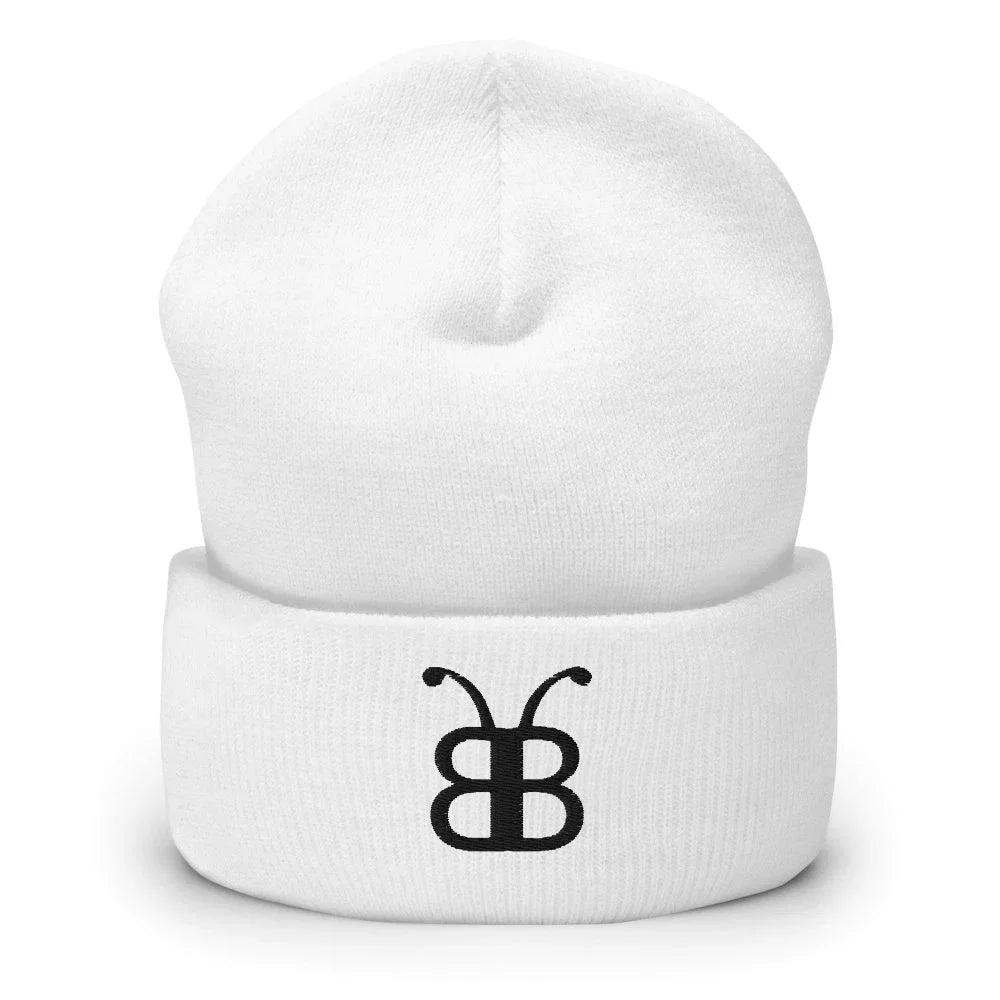 White beanie with black butterfly logo, streetwear fashion accessory