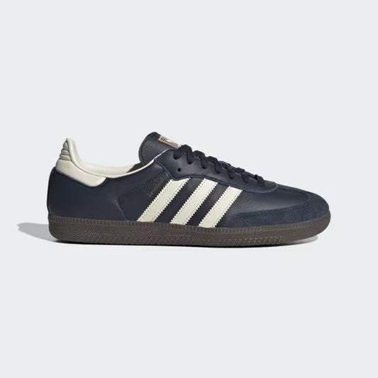 Blue Adidas Samba OG low-profile sneaker side view