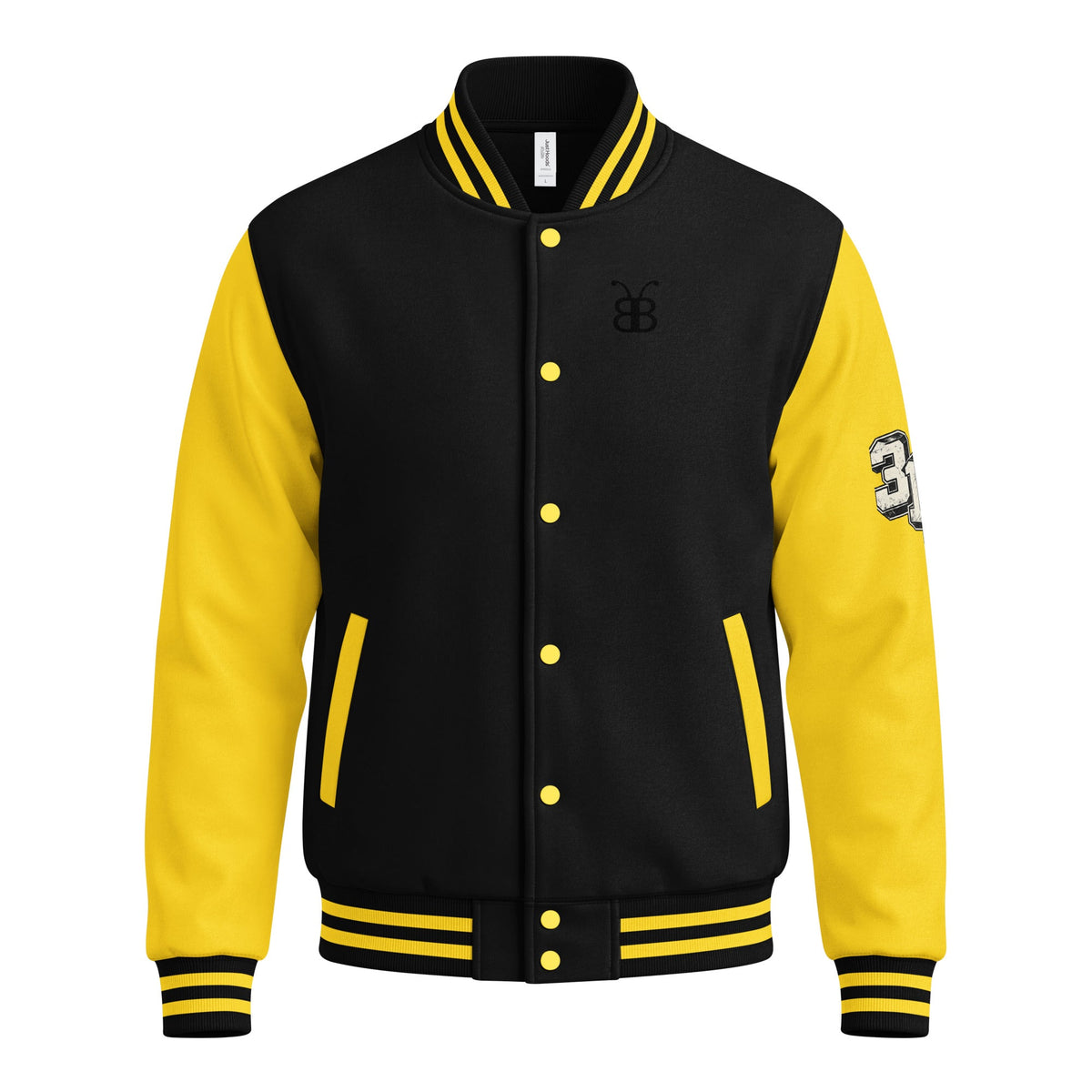 BerliozaBoyz BB Signature Varsity Jacket black and yellow front view, featured in Jackets and Outerwear collection