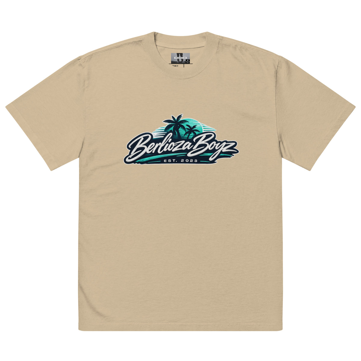 BerliozaBoyz Coastal Script heavyweight oversized tee in Faded Khaki, front view