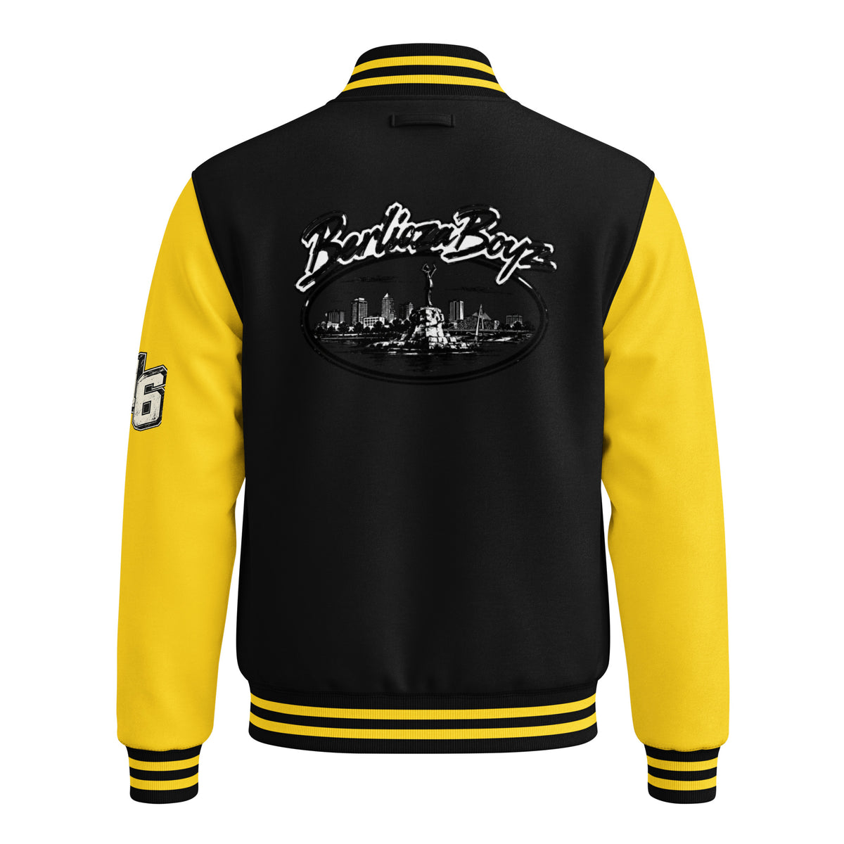 Back view of BerliozaBoyz BB Signature Varsity Jacket in Jet Black and Sun Yellow
