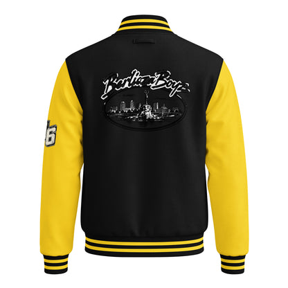 Back view of BerliozaBoyz BB Signature Varsity Jacket in Jet Black and Sun Yellow
