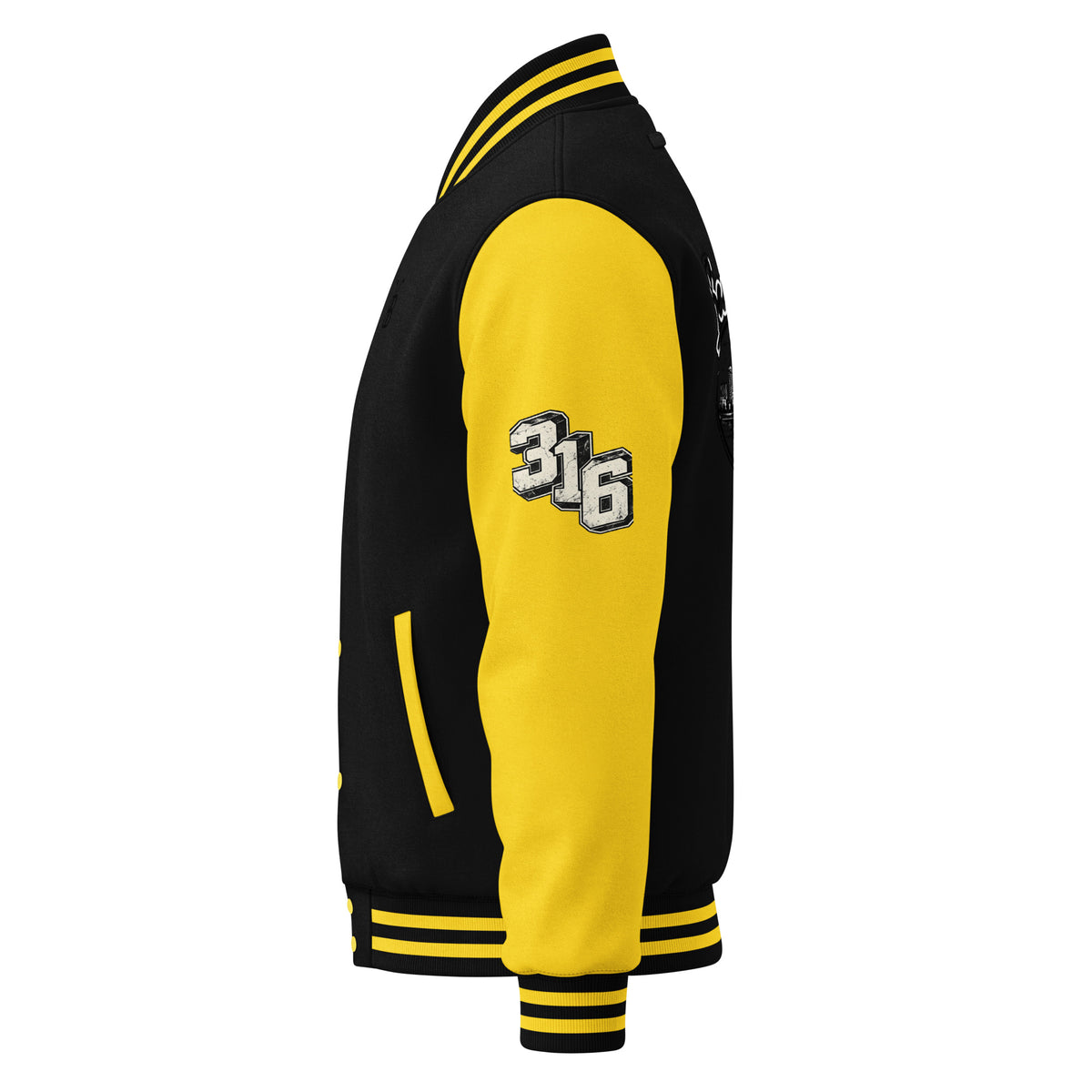 Left-side view of BerliozaBoyz heavyweight varsity jacket showing sleeve and snap-button styling
