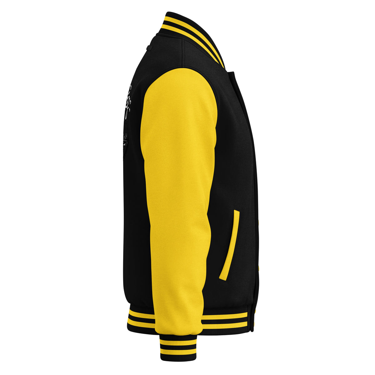 Right-side view of BerliozaBoyz BB Signature streetwear letterman jacket with contrasting sleeves