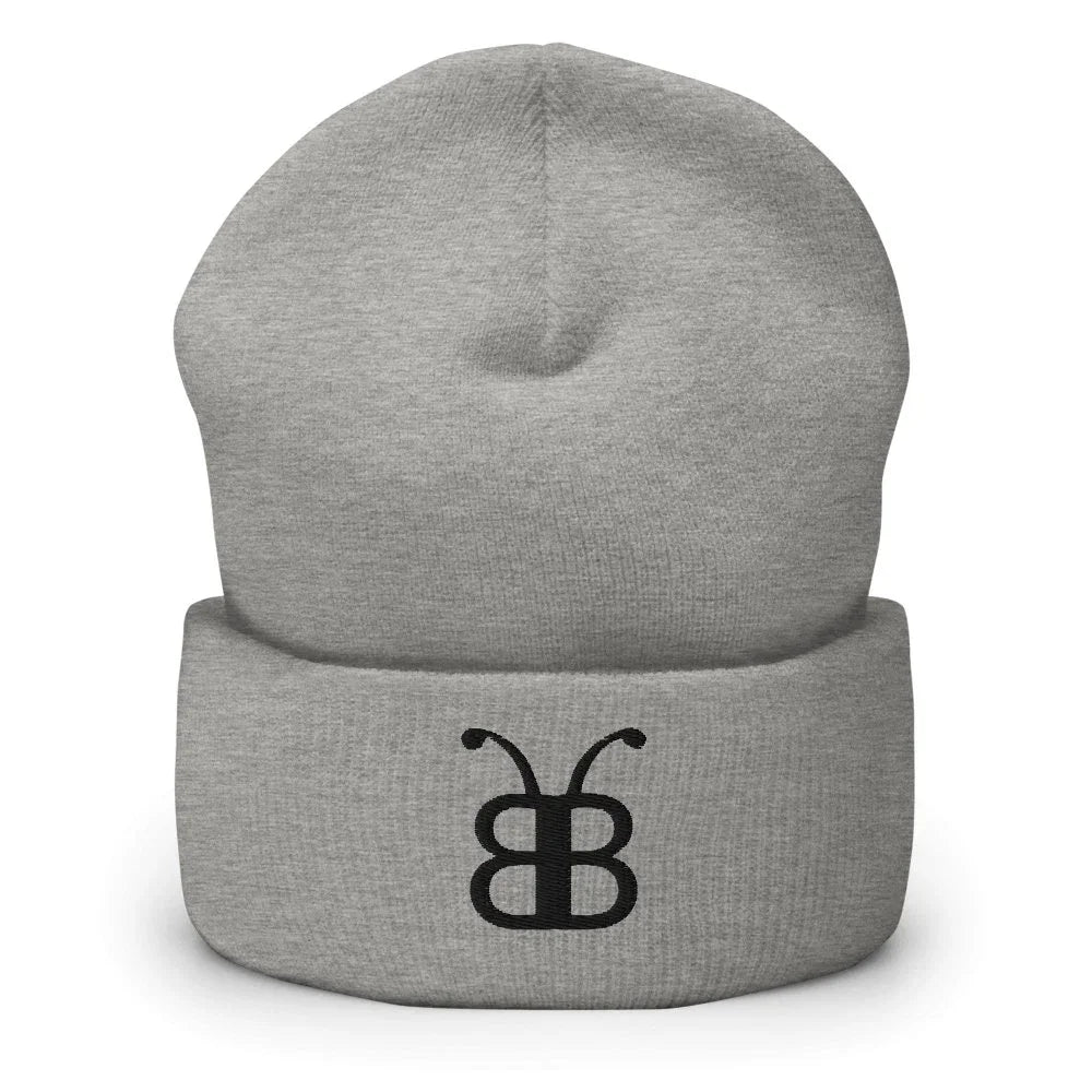 Gray beanie with black butterfly logo, streetwear fashion accessory