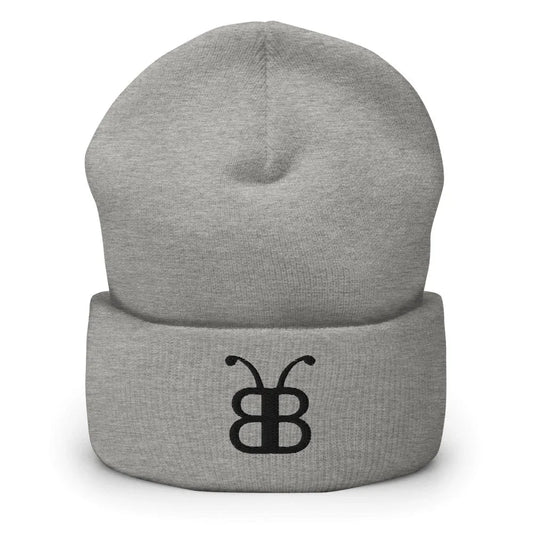 Gray beanie with black butterfly logo, streetwear fashion accessory