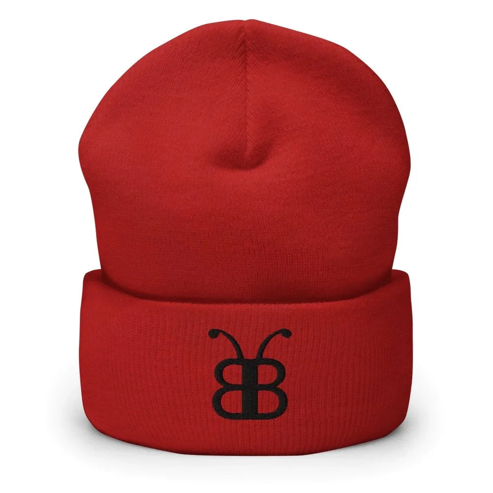 Red beanie with black butterfly logo, streetwear fashion accessory