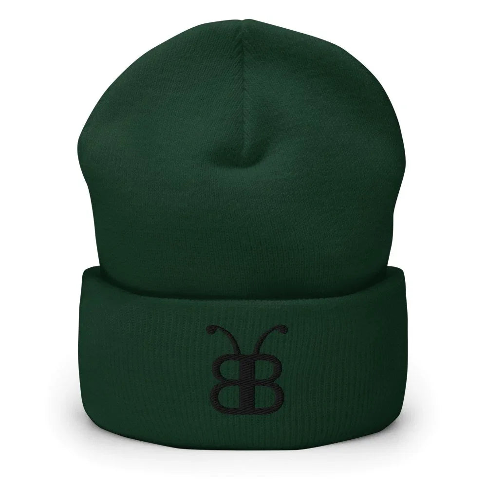 Dark green beanie with embroidered butterfly logo, stylish streetwear accessory