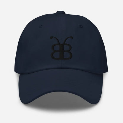 Navy blue dad hat with embroidered butterfly logo, streetwear style, eco-friendly fashion accessory