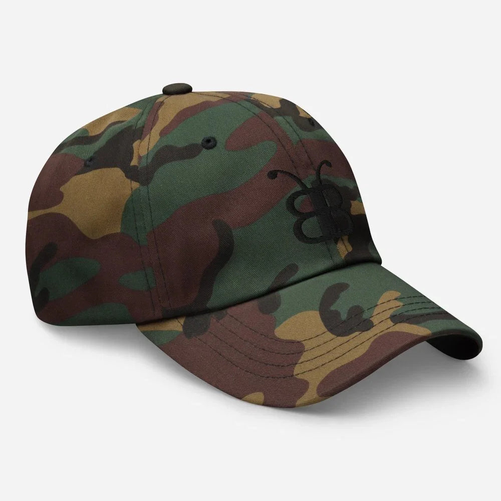 Camouflage baseball cap with black butterfly embroidery, streetwear style
