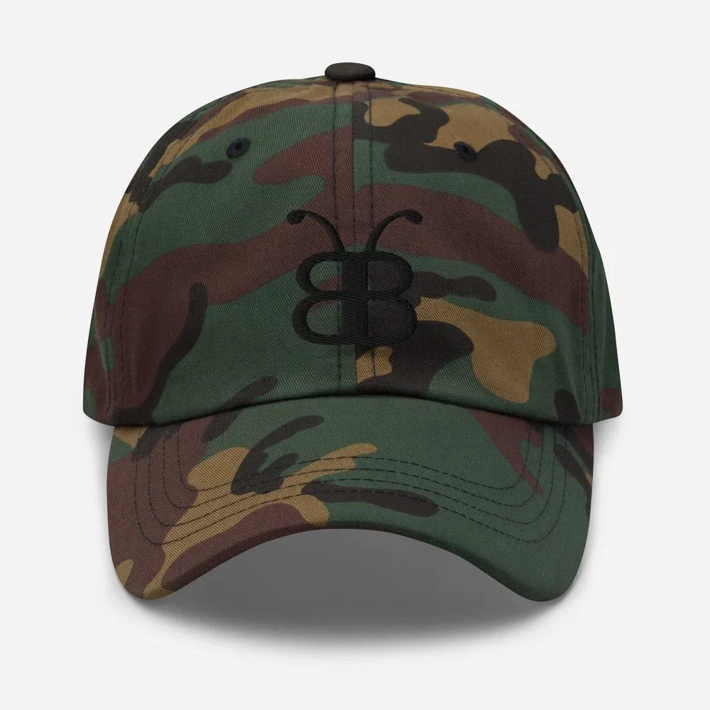 Camouflage dad hat with black butterfly logo, streetwear style, eco-friendly fashion