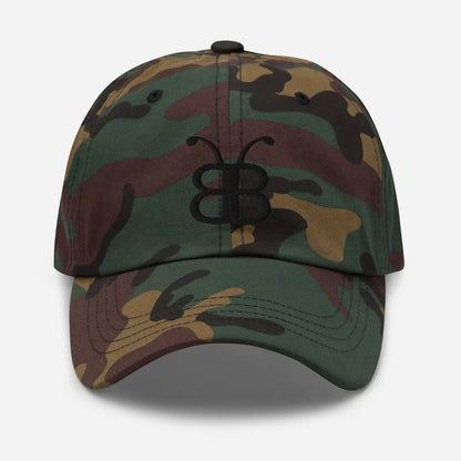 Camouflage dad hat with black butterfly logo, streetwear style, eco-friendly fashion