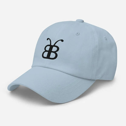 Light blue dad hat with black butterfly logo, streetwear style cap for casual fashion