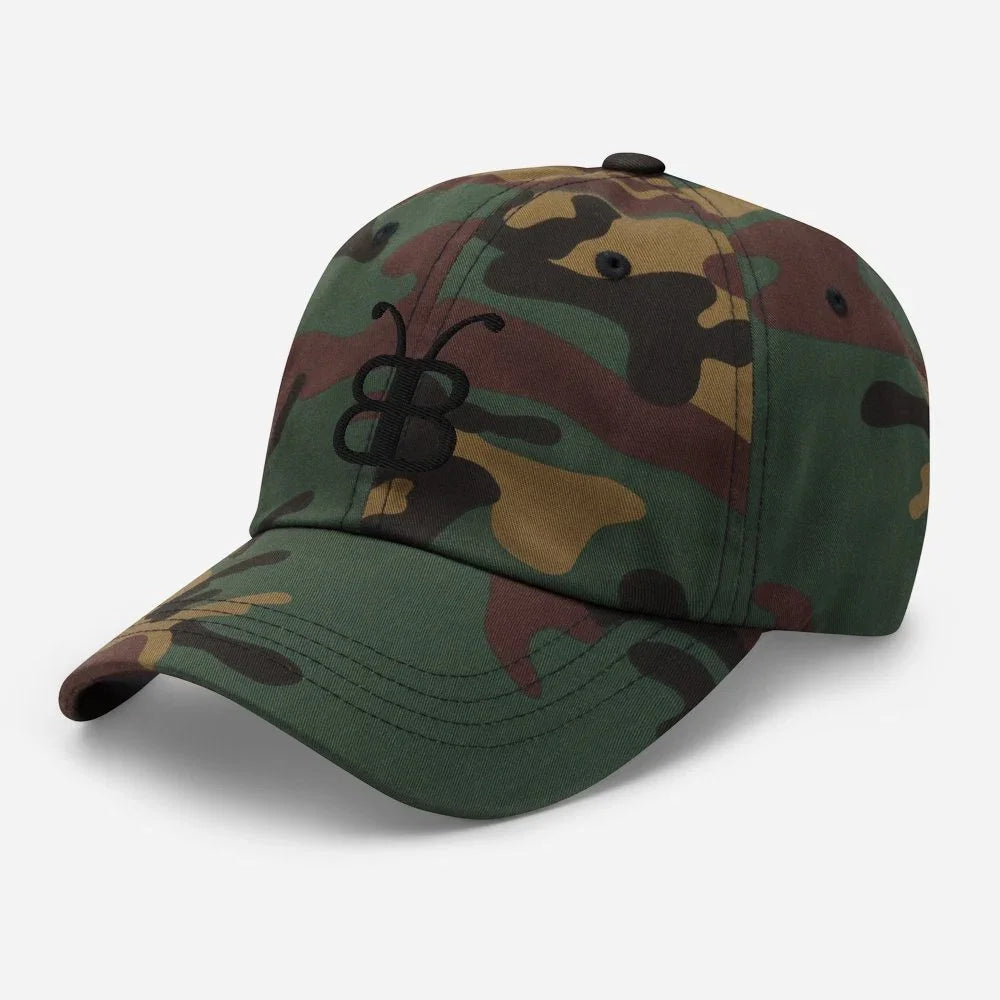 Camouflage baseball cap with black butterfly embroidery, streetwear style