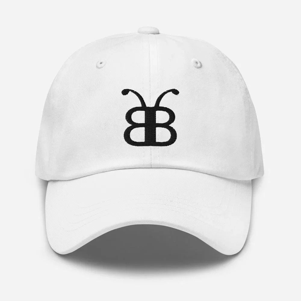 White dad hat with black butterfly logo, streetwear style, eco-friendly fashion accessory