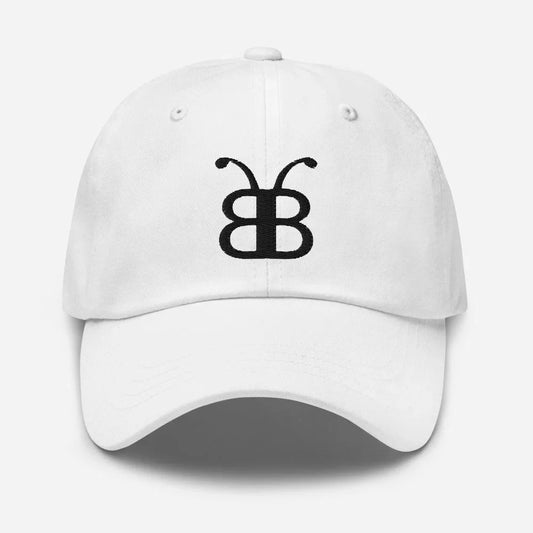 White dad hat with black butterfly logo, streetwear style, eco-friendly fashion accessory
