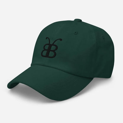 Dark green dad hat with embroidered butterfly logo, streetwear style