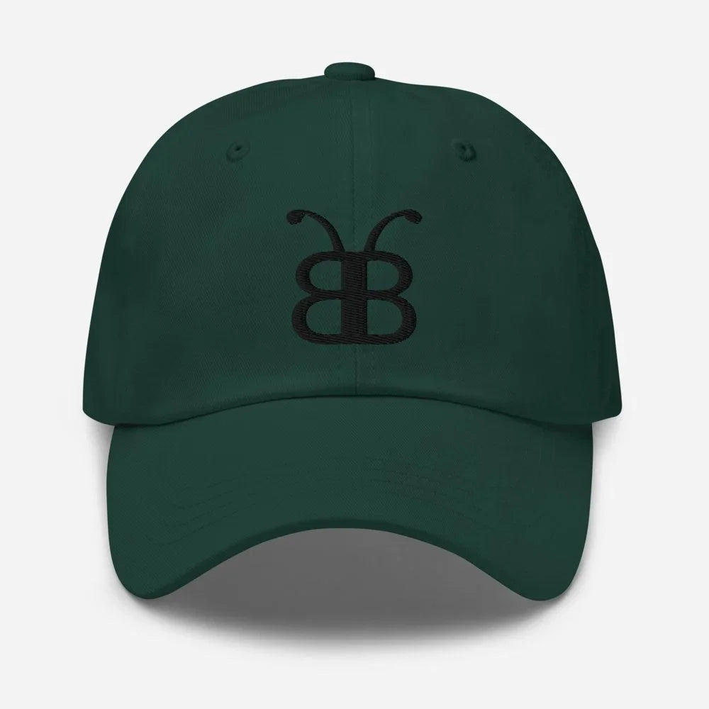 Dark green dad hat with black embroidered butterfly logo, streetwear style