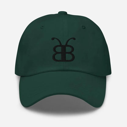 Dark green dad hat with black embroidered butterfly logo, streetwear style