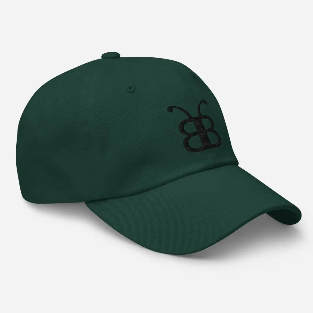Dark green dad hat with black embroidered logo, streetwear style cap for everyday wear