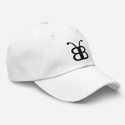 White dad hat with black butterfly logo, streetwear style, eco-friendly fashion accessory