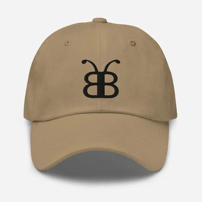 Tan dad hat with black embroidered butterfly logo, streetwear style accessory