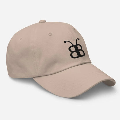 Beige dad hat with black butterfly logo, streetwear style, eco-friendly fashion accessory