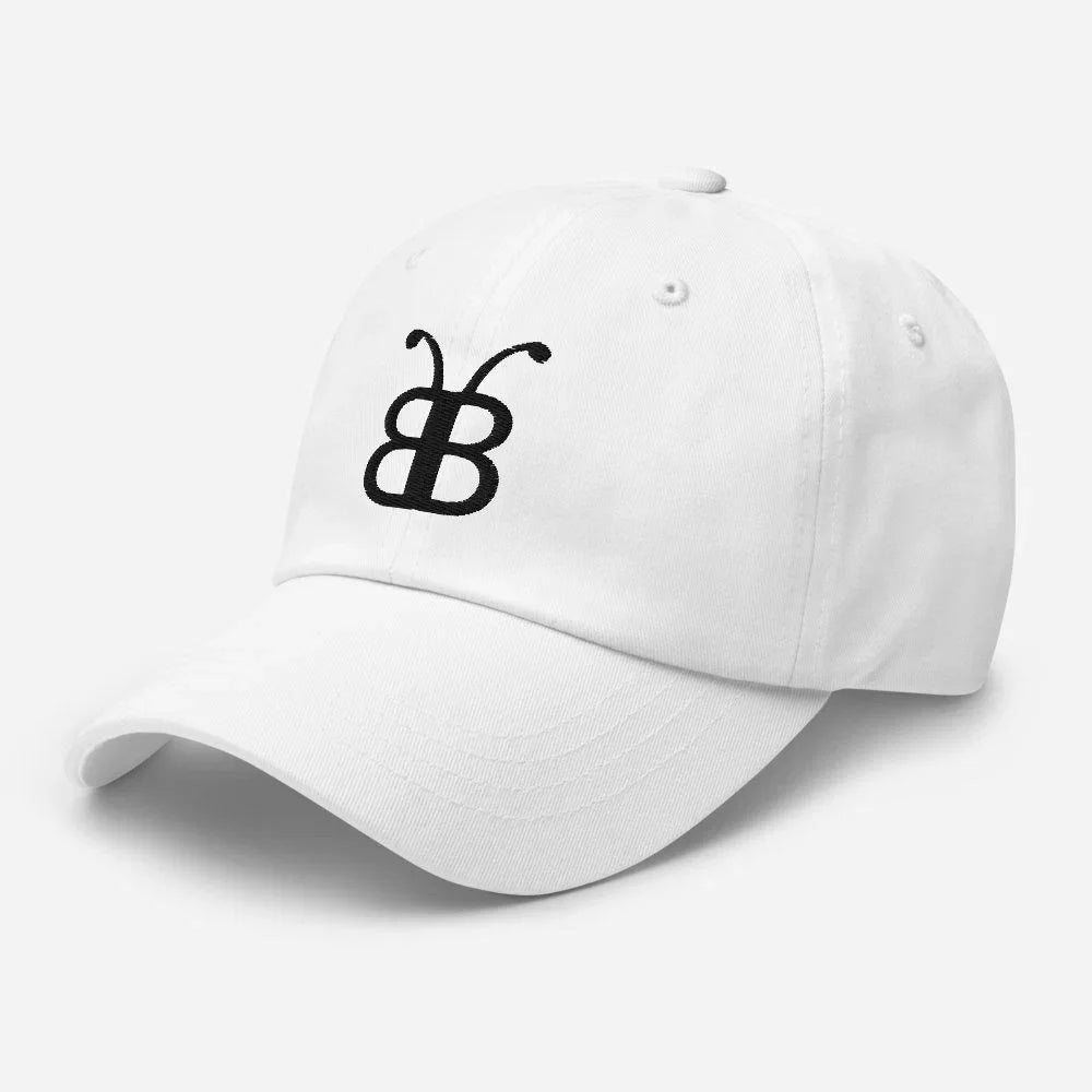 White dad hat with black butterfly logo, streetwear style, eco-friendly fashion accessory