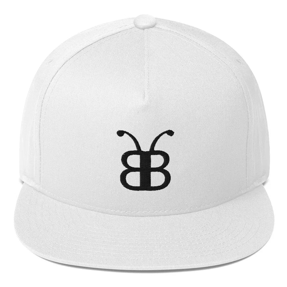 White snapback hat with black embroidered butterfly logo, streetwear style