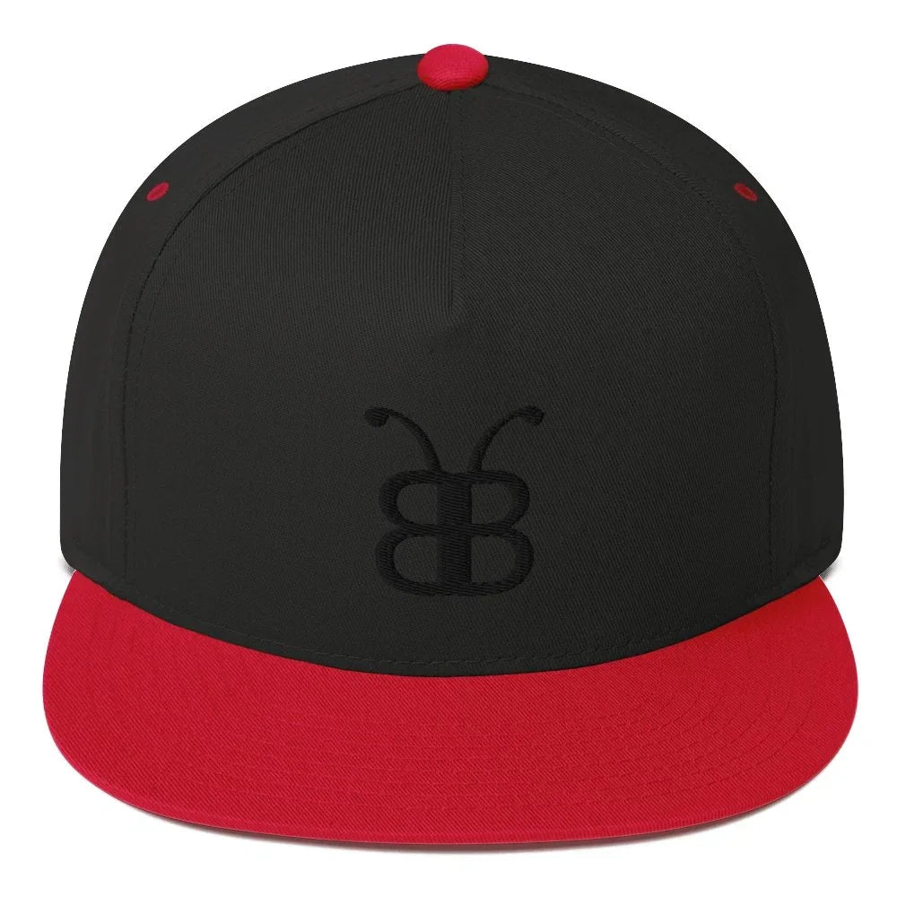 Black and red snapback hat with embroidered logo, streetwear style