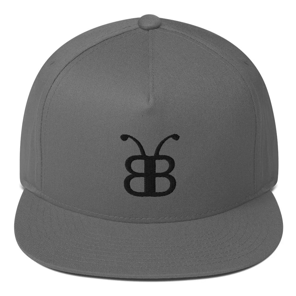 Gray snapback cap with black embroidered butterfly logo, streetwear style