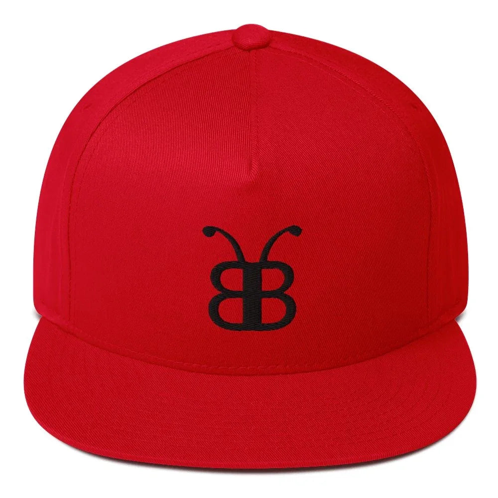 Red snapback hat with black butterfly logo, streetwear fashion accessory