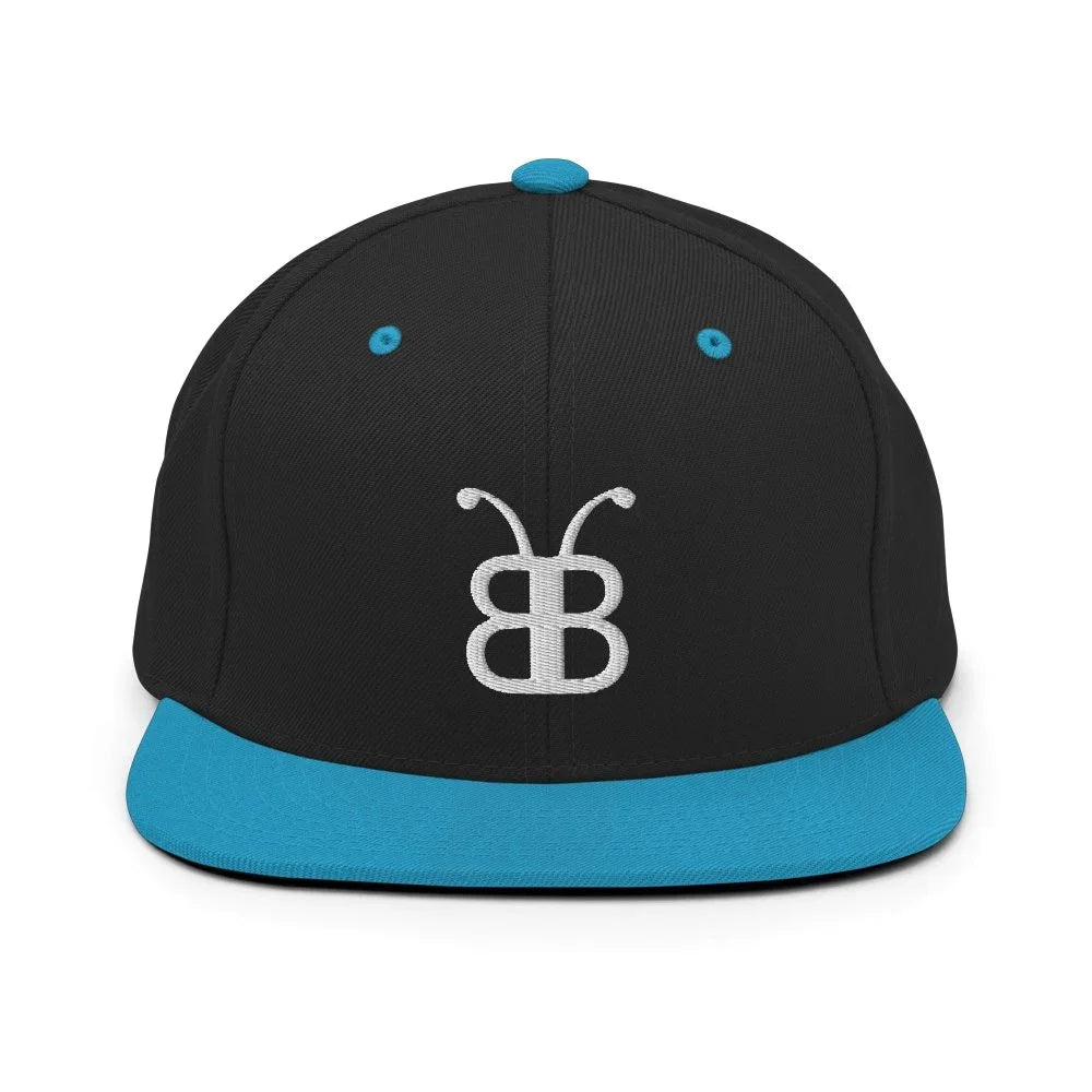 Black snapback hat with teal brim and white embroidered logo, streetwear fashion accessory