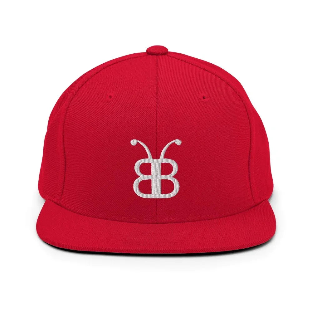 Red snapback hat with white embroidered logo, streetwear style cap for men and women