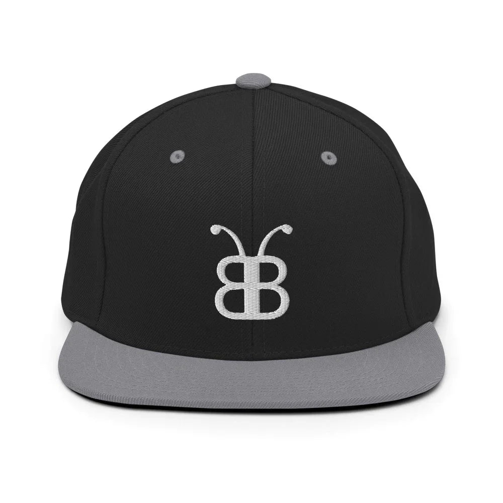 Black snapback hat with gray brim and embroidered logo, streetwear fashion accessory