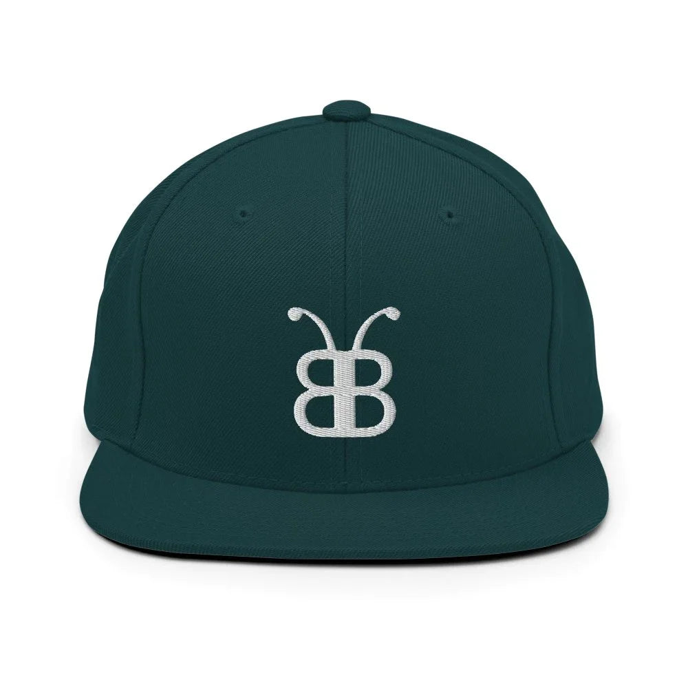 Dark green snapback hat with white embroidered butterfly logo, streetwear style