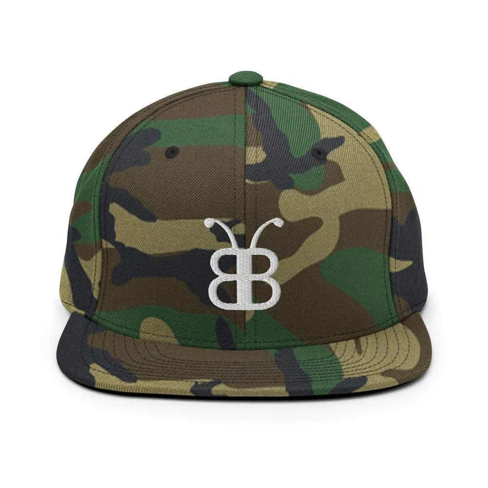 Camouflage snapback hat with white embroidered logo, streetwear style