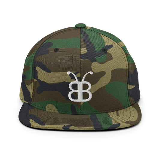 Camouflage snapback hat with white embroidered logo, streetwear style
