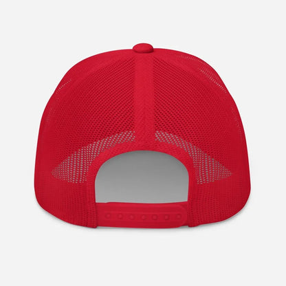 Red mesh trucker hat back view, breathable design, streetwear style