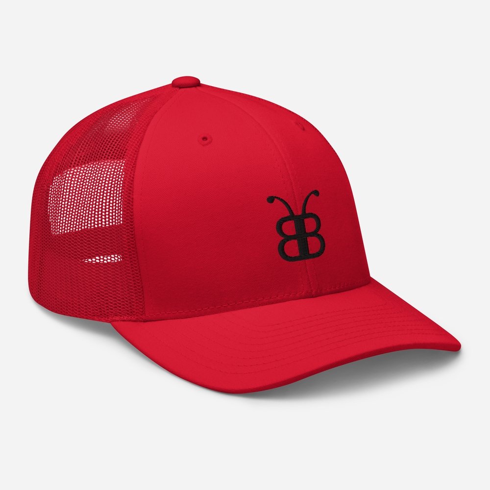 Red trucker hat with black butterfly logo, streetwear style, mesh back, adjustable fit