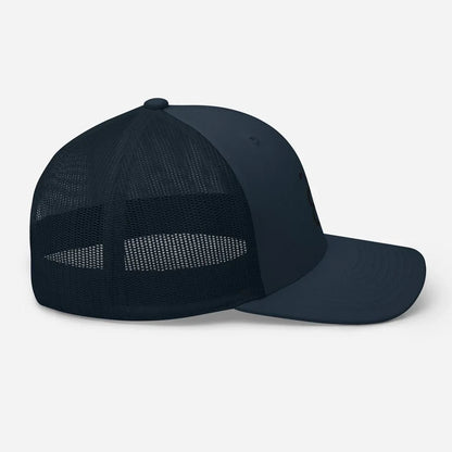 Navy blue trucker hat with mesh back and flat brim, ideal for streetwear style
