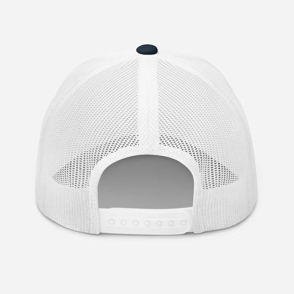 White mesh trucker hat with navy button, adjustable back strap for streetwear style