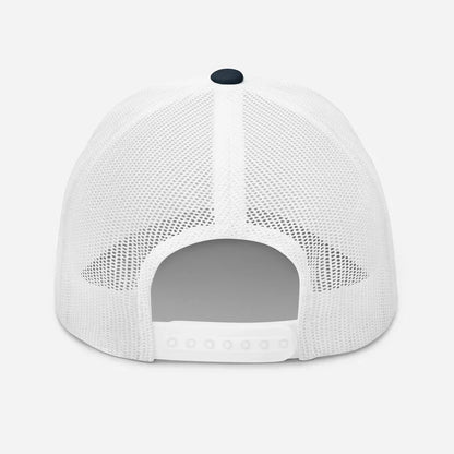 White mesh trucker hat with navy button, adjustable back strap for streetwear style