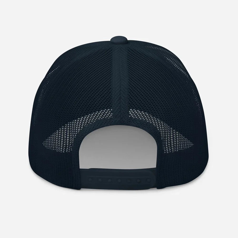 Black mesh trucker hat back view, breathable design, adjustable strap, streetwear style