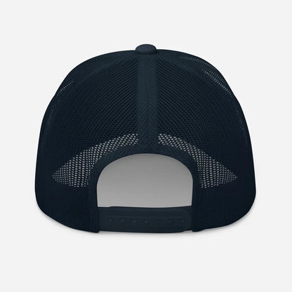 Black mesh trucker hat back view, breathable design, adjustable strap, streetwear style