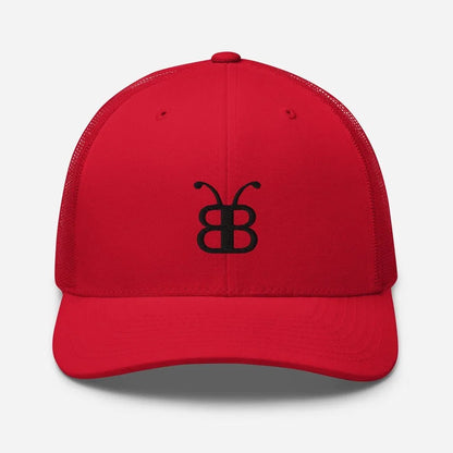 Red trucker hat with black butterfly logo, streetwear style cap for men and women