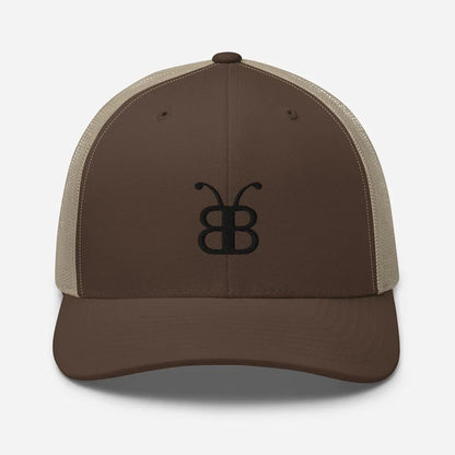 Brown trucker hat with black butterfly logo, eco-friendly streetwear style