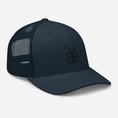 Navy blue trucker hat with embroidered logo, mesh back, streetwear style